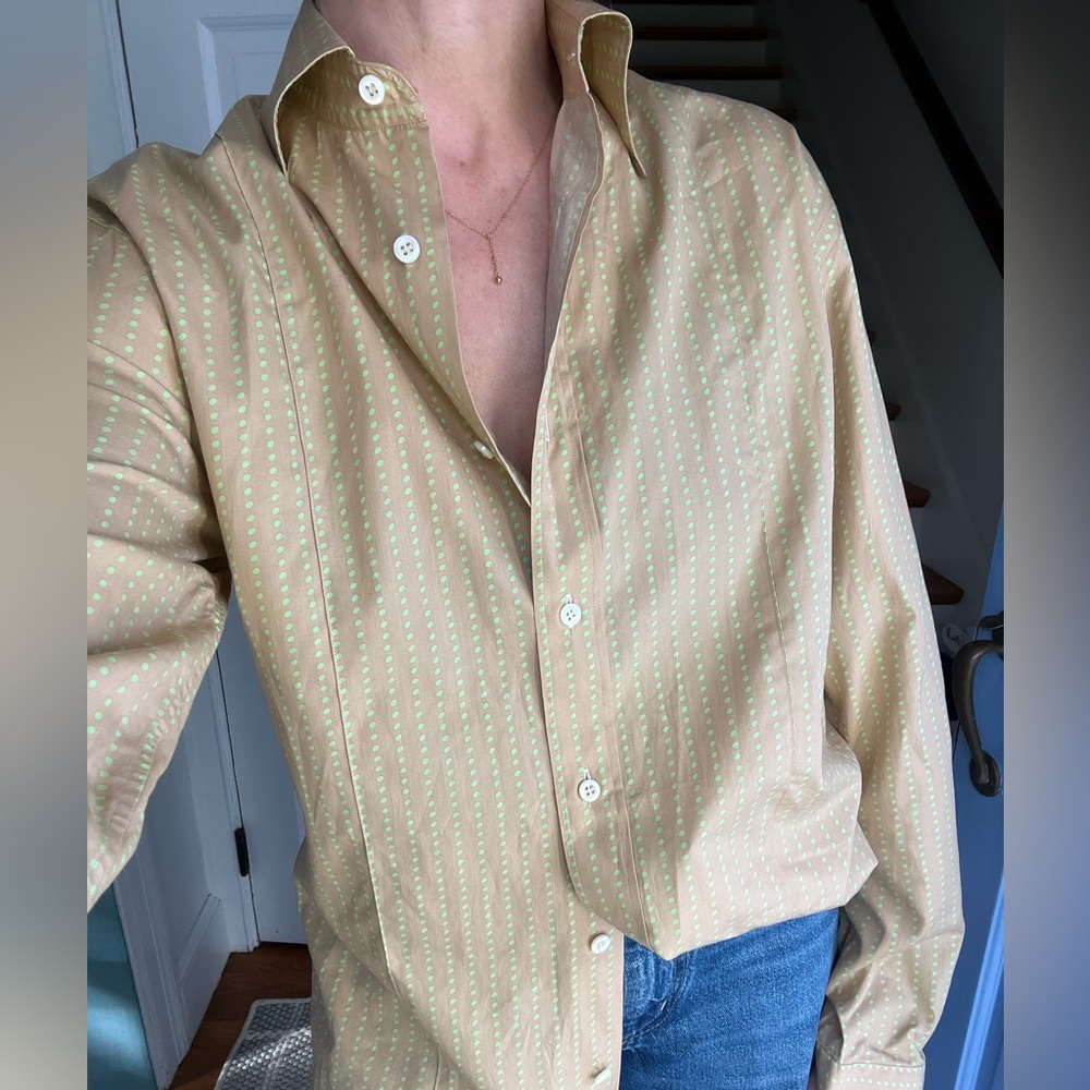 Malo Designer Button Down Shirt Green Dot on Beige Cotton, Medium, 50, Italy